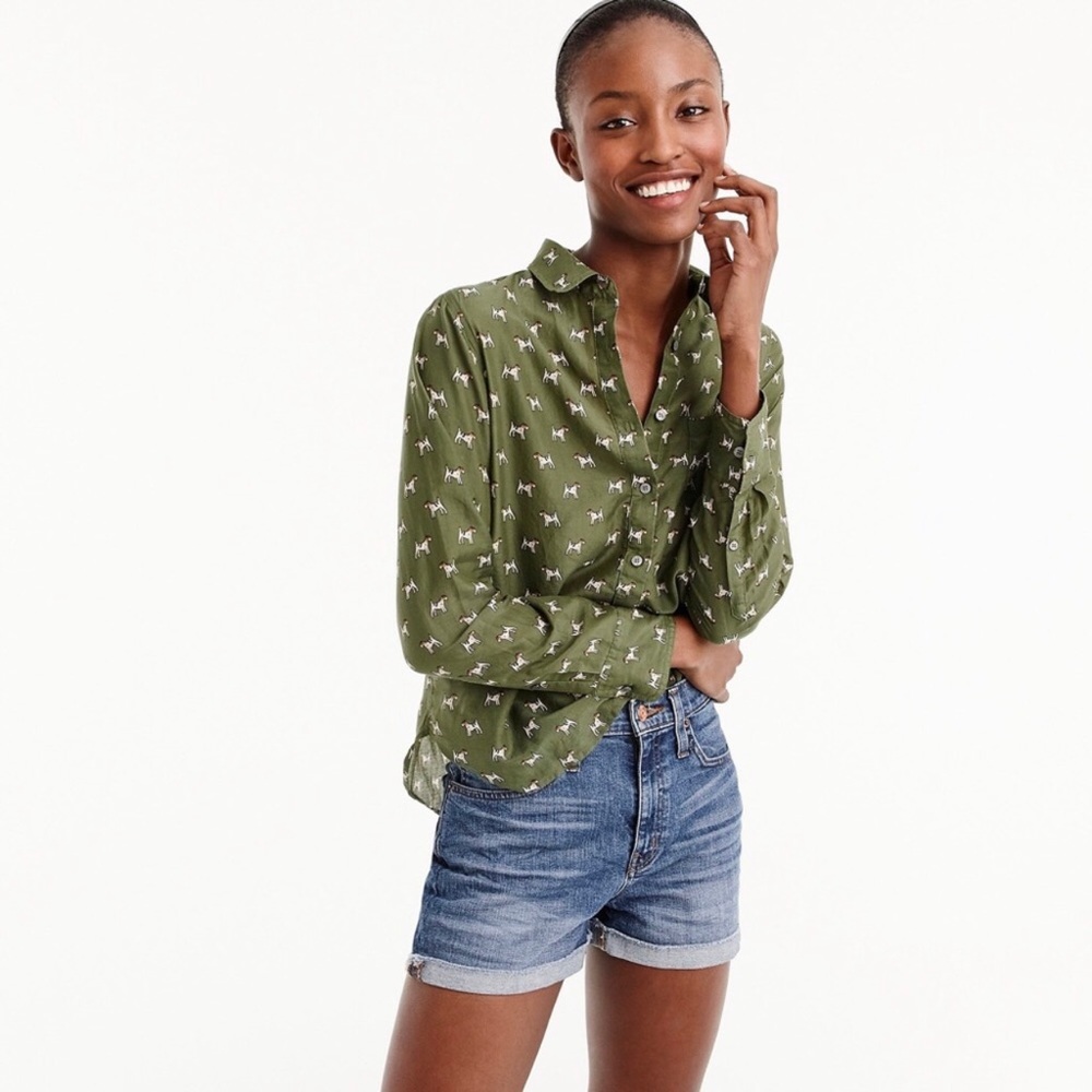 J Crew Top Green Terrier Dog Print Silk Blend